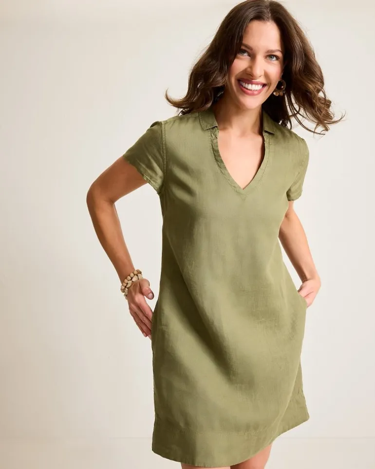 Two Palms Short-Sleeve Linen Collared Dress